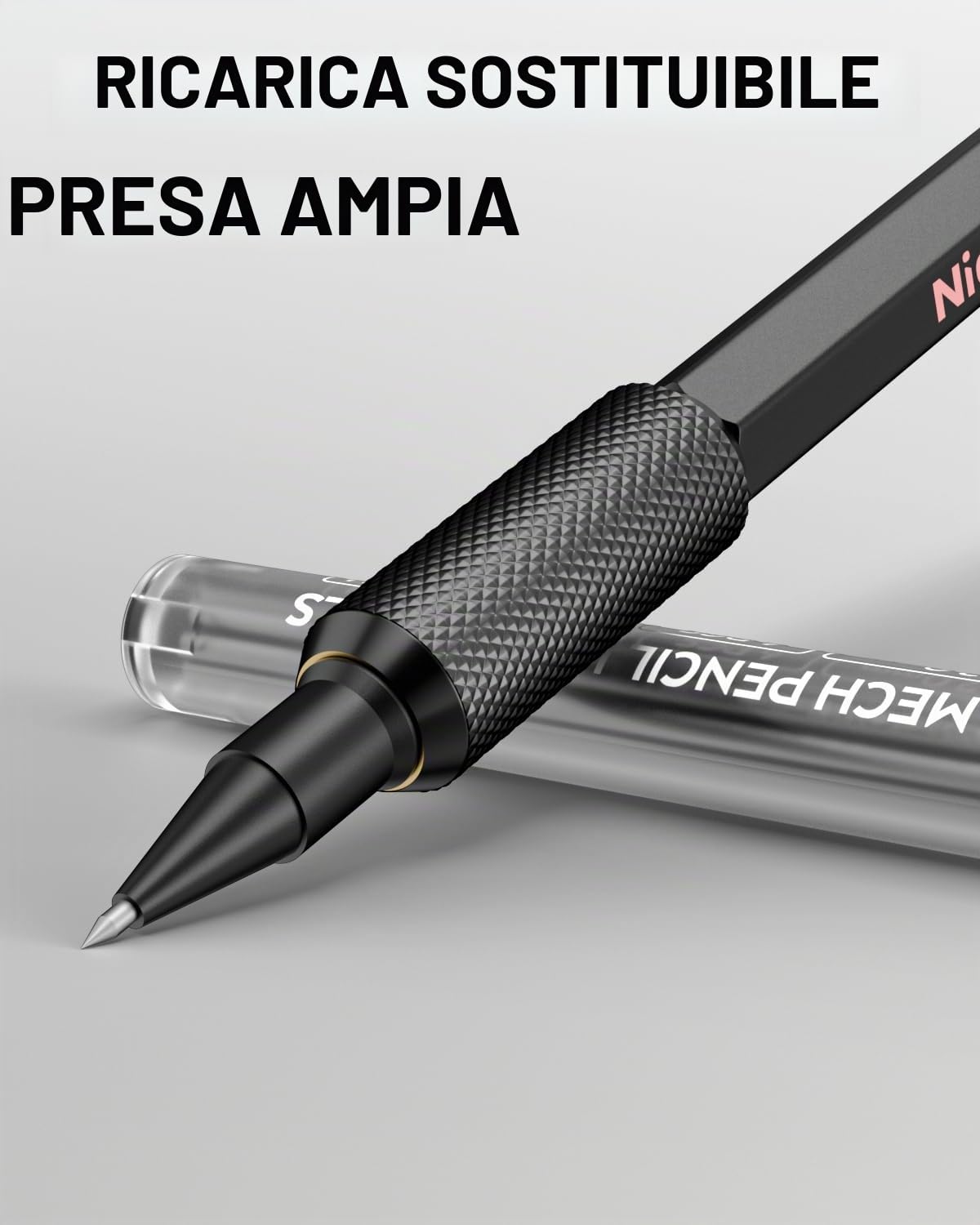 Nicpro Portamine 2 mm MP2000 con Custodia, 12 Ricariche Nera e Colorata, Gomme - Portamine in Metallo Resistente Alle Intemperie