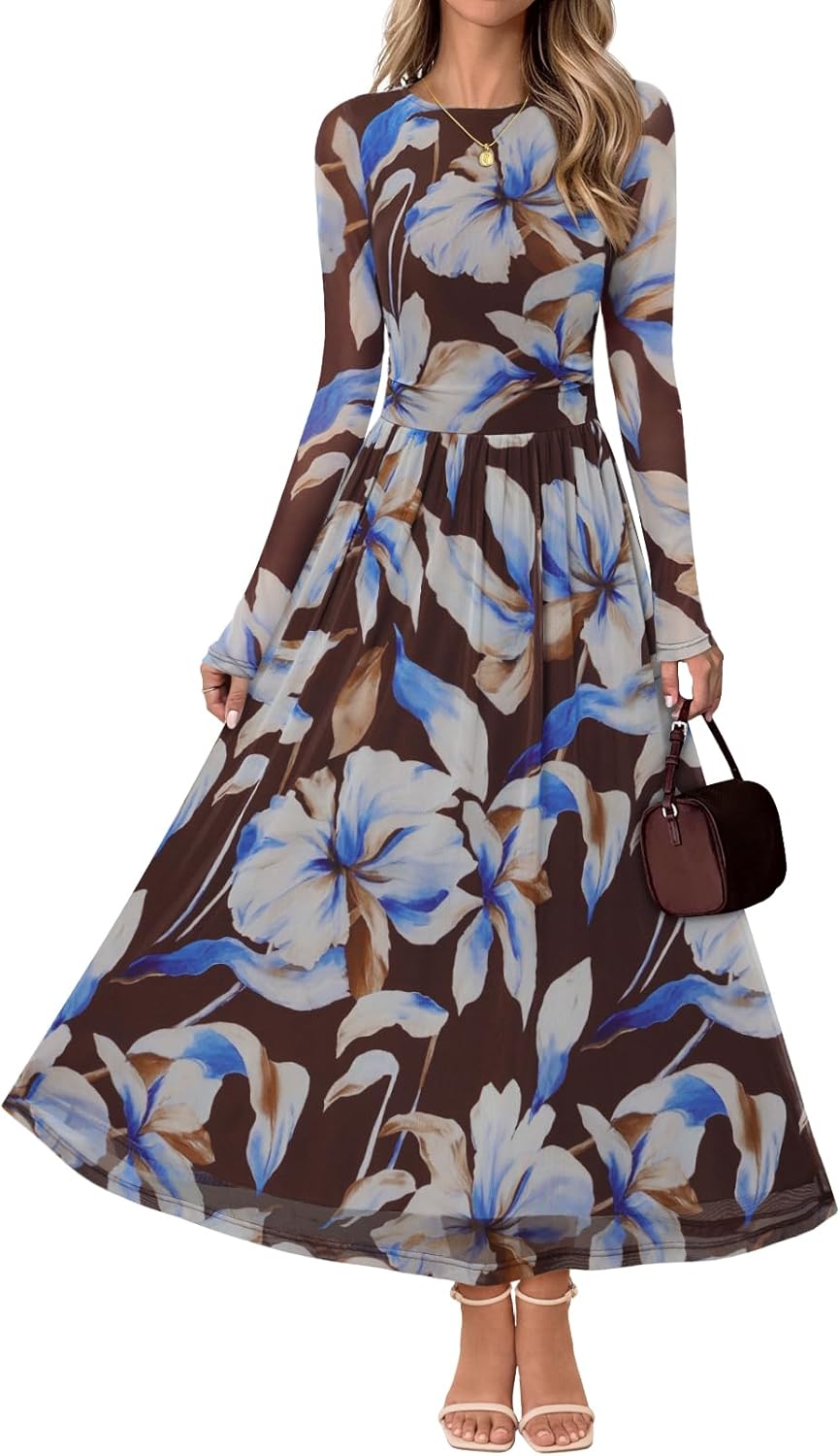 MEROKEETY Women's Long Sleeve Spring Wedding Guest Dress 2026 Crewneck Floral Flowy Mesh Cocktail Maxi Dresses