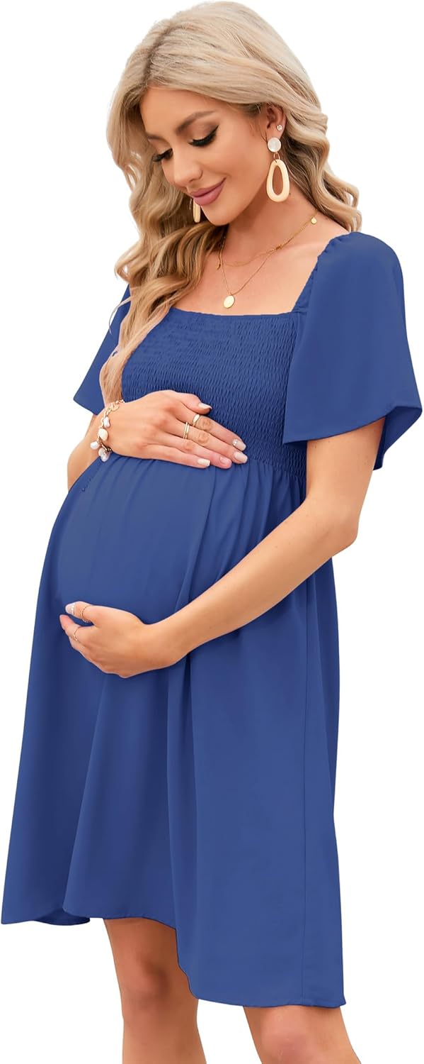 KOJOOIN Maternity Dress Summer Women Tie Back Square Neck Puff Sleeve Off Shoulder Pregnancy Baby Shower Dress