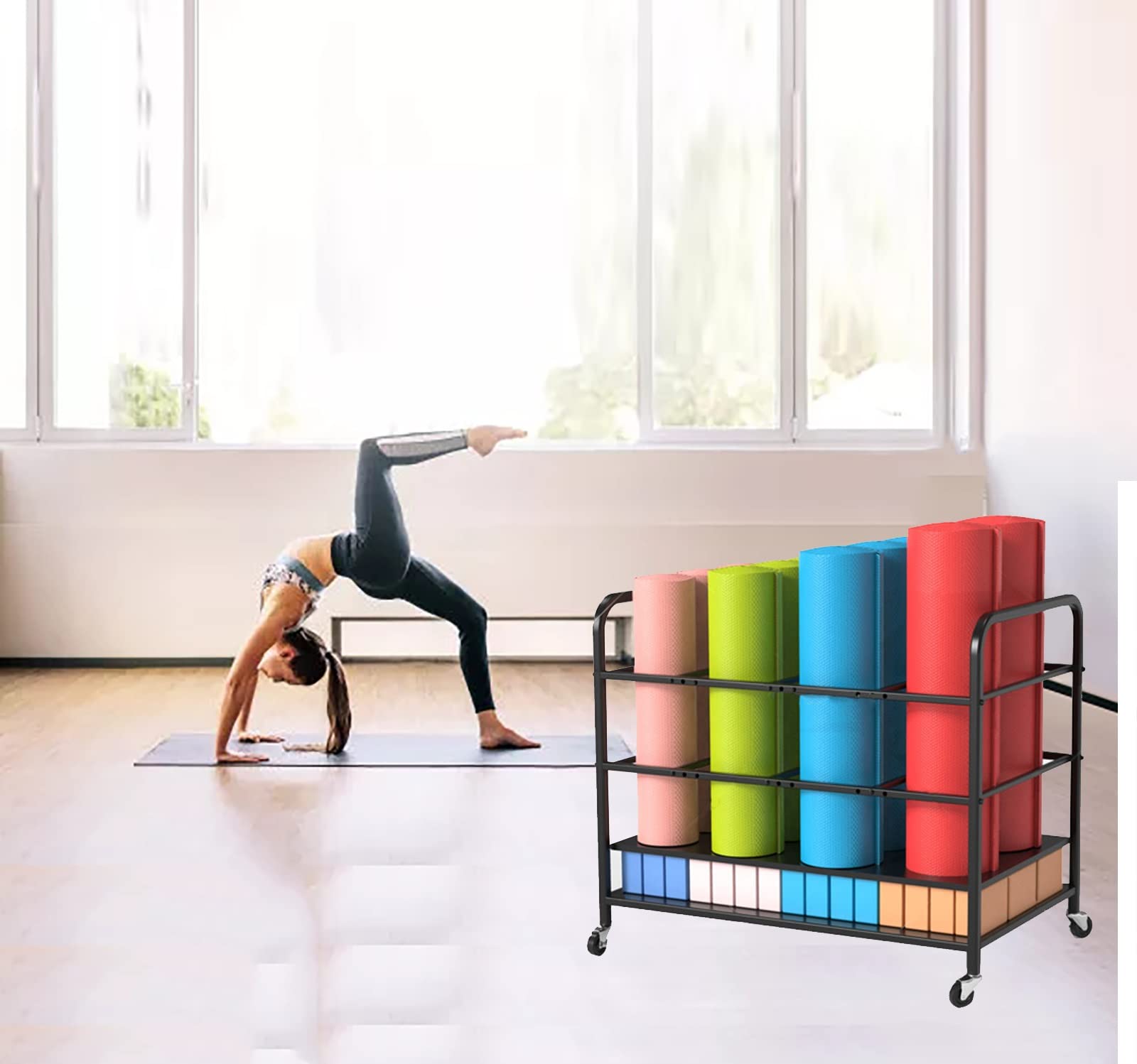 Stojący wózek do przechowywania mat do jogi z kółkami, wielofunkcyjny organizer na sprzęt sportowy do wałków piankowych/taśm oporowych/mat do pilatesu (kolor: czarny)