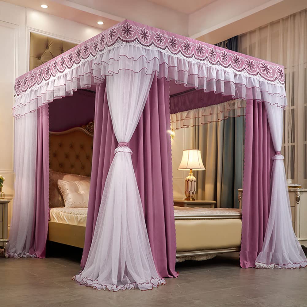 Princess Canopy Bed Curtains Double Layer Net for Girls Single/King Size Bed with Frame - Bed Curtain Four Poster Bed Canopy
