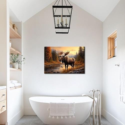 Miniatura 5 de GLOKAKA Arte de pared de alces de naturaleza y alce en el río, decoración de pared impresa, pintura de animales silvestres, póster retro para