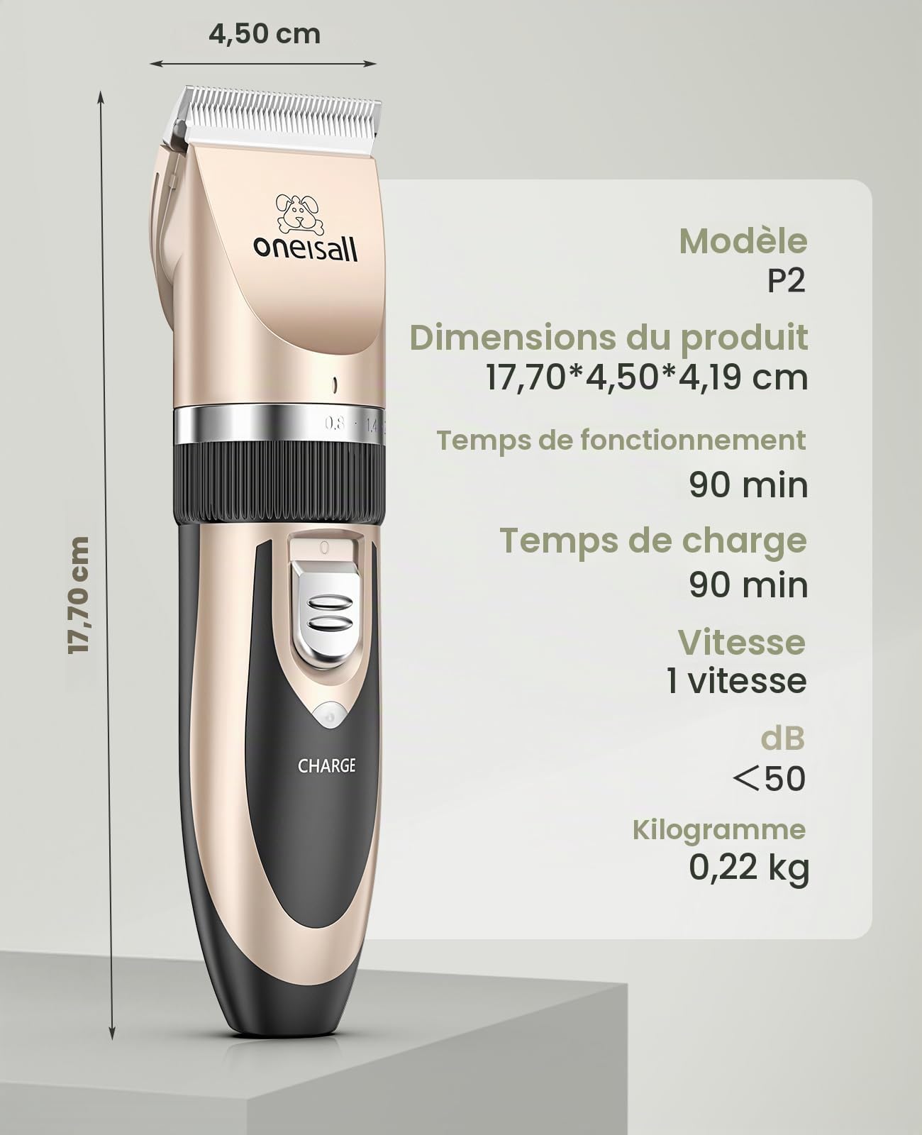 oneisall Tondeuse Chien Professionnelle Poil Long Epais Tondeuse pour Chats et Animaux Silencieux pour petits grands chiens chats animaux de compagnie (L'or)