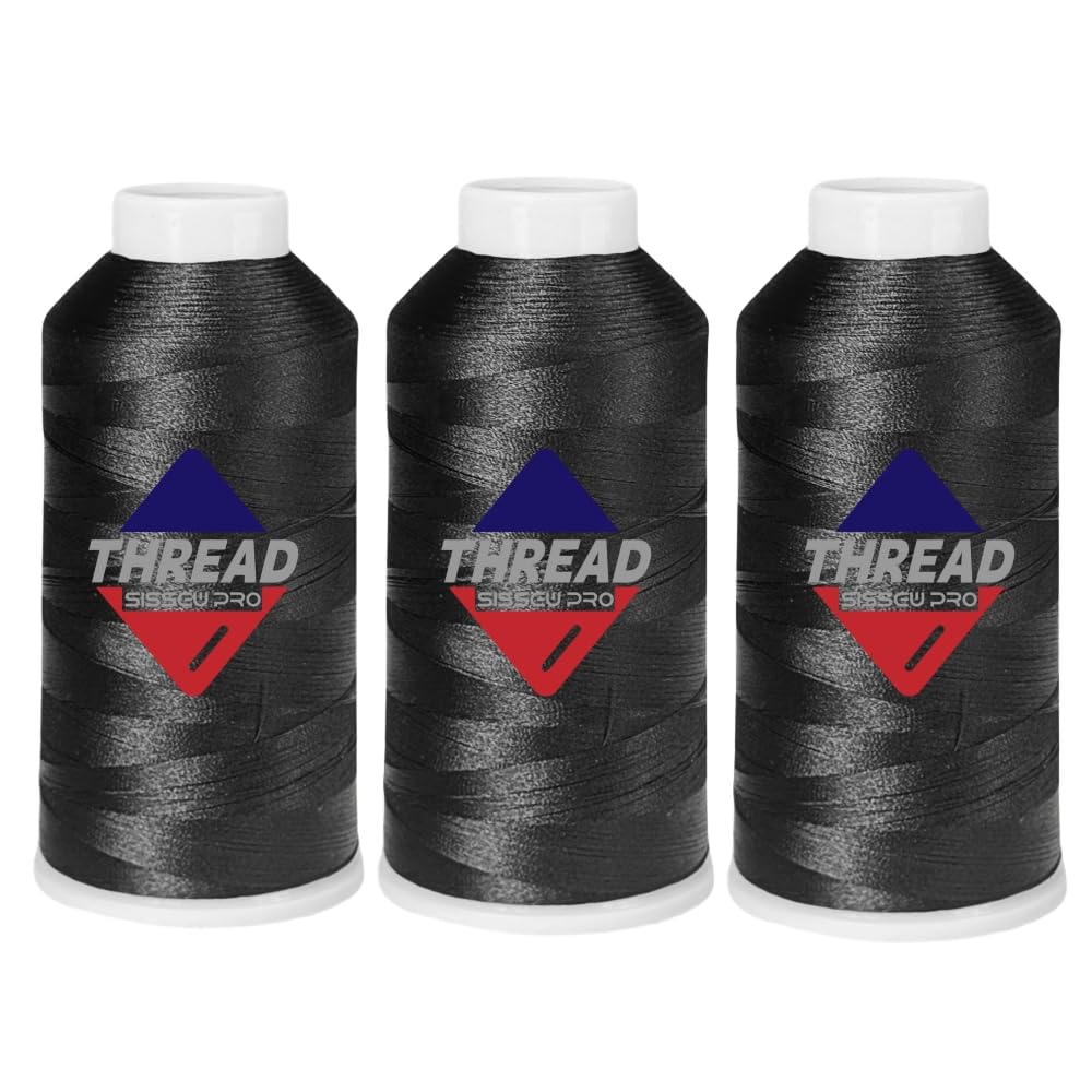 Sissewpro 40WT Machine Embroidery Thread 3 Big Spool (5,000M Each 15,000M Total) – 3 x Black Polyester Embroidery Machine Thread 120D/2 for Commercial &amp; Home Embroidery Machines