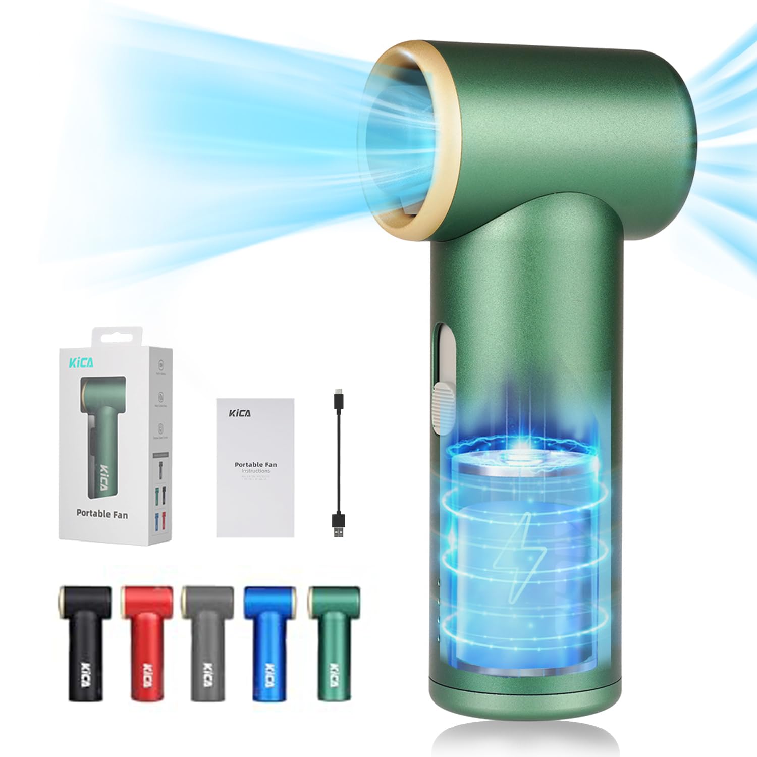 Kica Jetfan Mini Ventilatore Portatile,Ventilatore Silenzioso Ricaricabile Tramite USB,Ventilatore 3000mAh batteria,Velocità regolabile liberamente,Scocca in metallo,per Ufficio/Viaggio,Verde