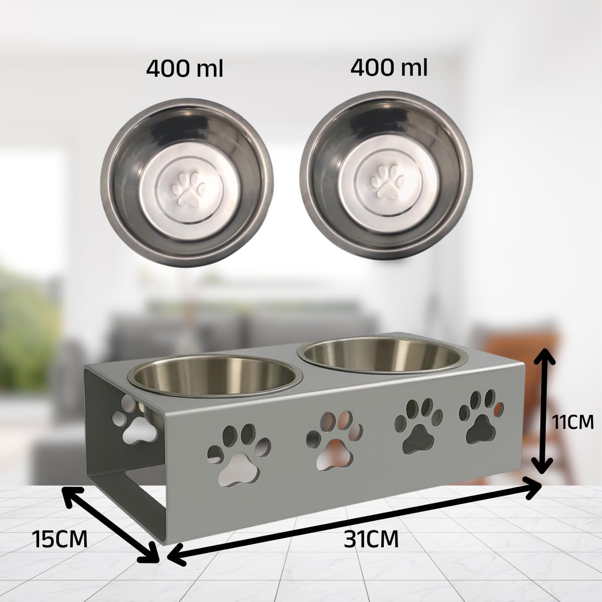 Metal Silver Stylish Dog Bowl Stand | 2 Stainless Steel Bowls for Raised Dogs & Cats | Elevated Dog Food Removable Bowls | Pet Feeder & Water Dispenser for All Breeds Paw Design (Set of 2 Each 400ml) 1