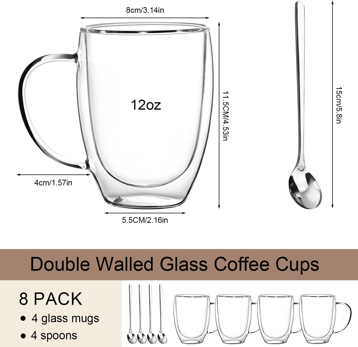 Double Wall Glass Coffee Mugs 12 OZ, Clear Coffee Cup With Handle,Insulated Coffee Mugs Set of 4 With Spoons Perfect for Espresso, Cappuccino, Latte, American,Tea Bag, Beverage - Image 3