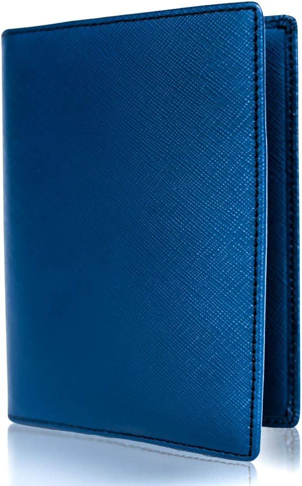 Genuine Leather Passport and Credit Card Holder | RFID Blocking Bifold Wallet | Slim and Minimalist Design | Includes Unique Gift Box | for Men and Women (Navy Blue)