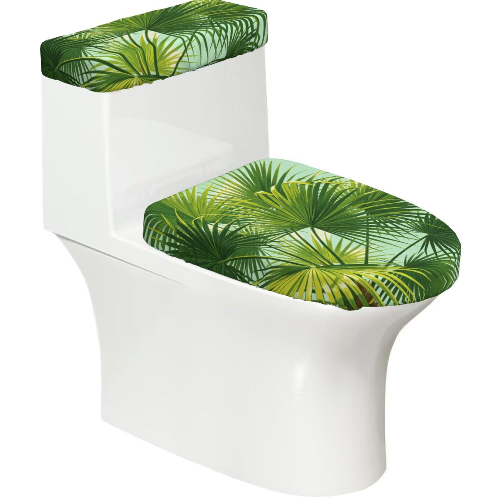 Cntdbu Black Green Palm Leaf Stretchy Toilet Lid And Tank Cover Set-Soft Elastic Bathroom Decor For U Shape Oval