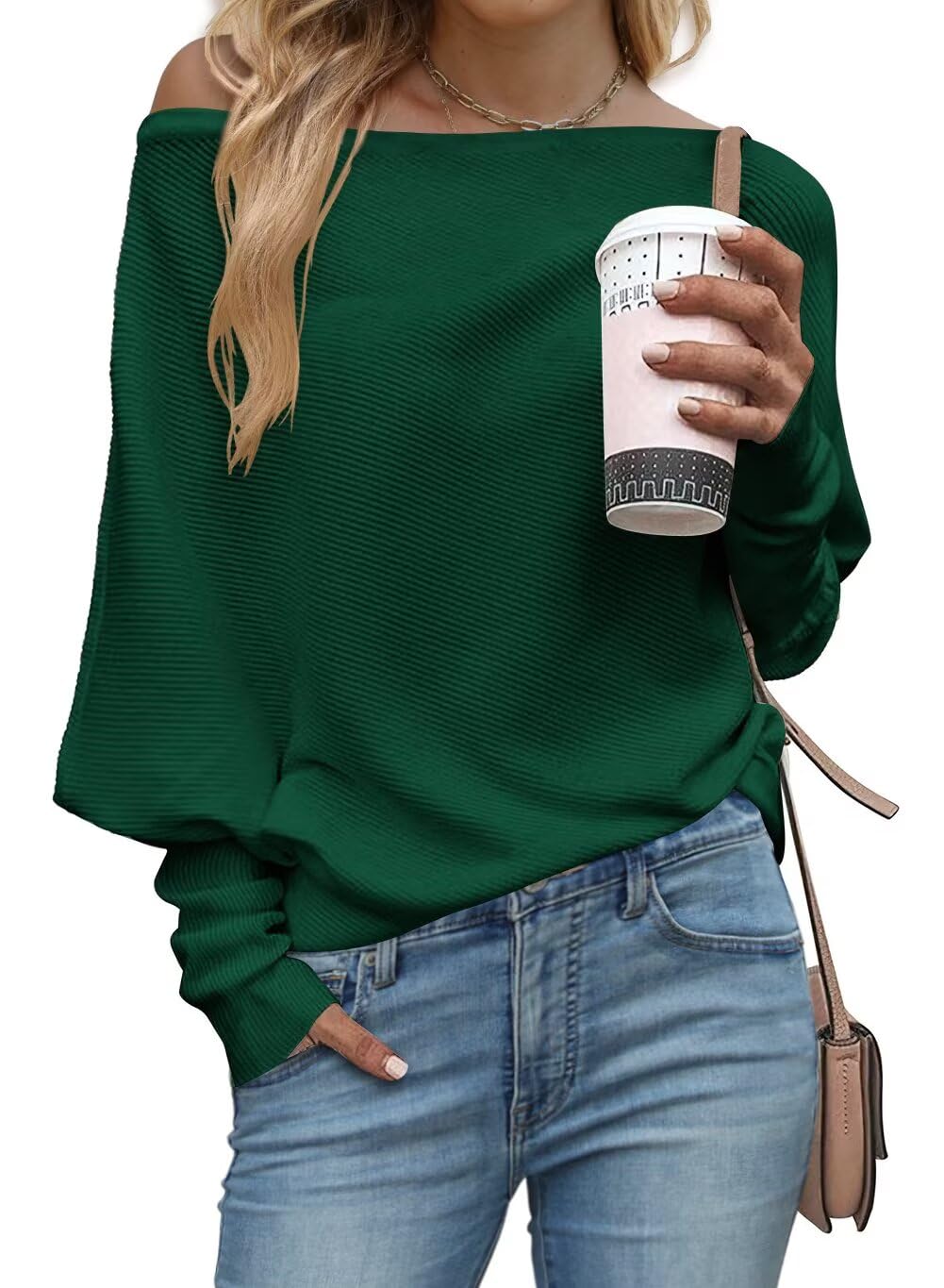 JOCAFIYE Womens Fall Winter Sweaters 2025 Casual Long Batwing Sleeve Loose Off Shoulder Knit Pullovers Jumper Tops