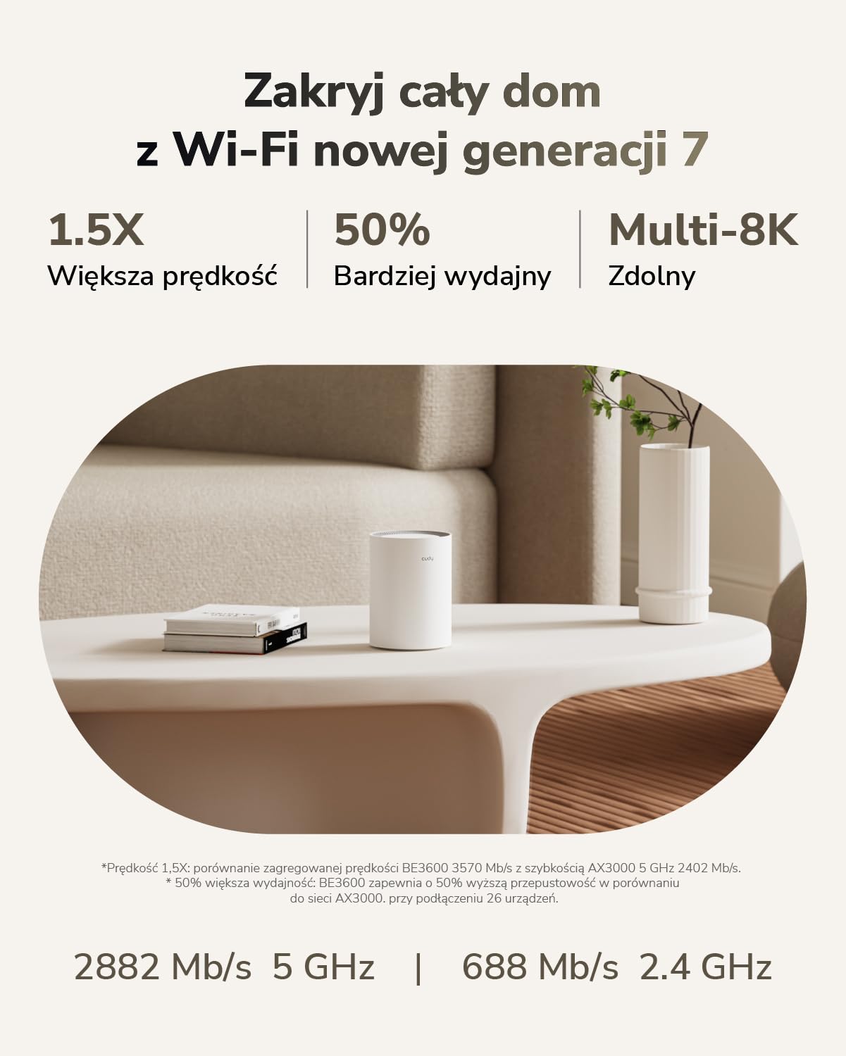 Cudy Dwuzakresowy system BE3600 WiFi 7 Wi-Fi, 3,6 Gb/s 160 MHz, zasięg do 100 m², 3 porty gigabitowe, kompatybilny z wieloma VPN, sterowanie aplikacją Cudy (M3600 1 opakowanie)
