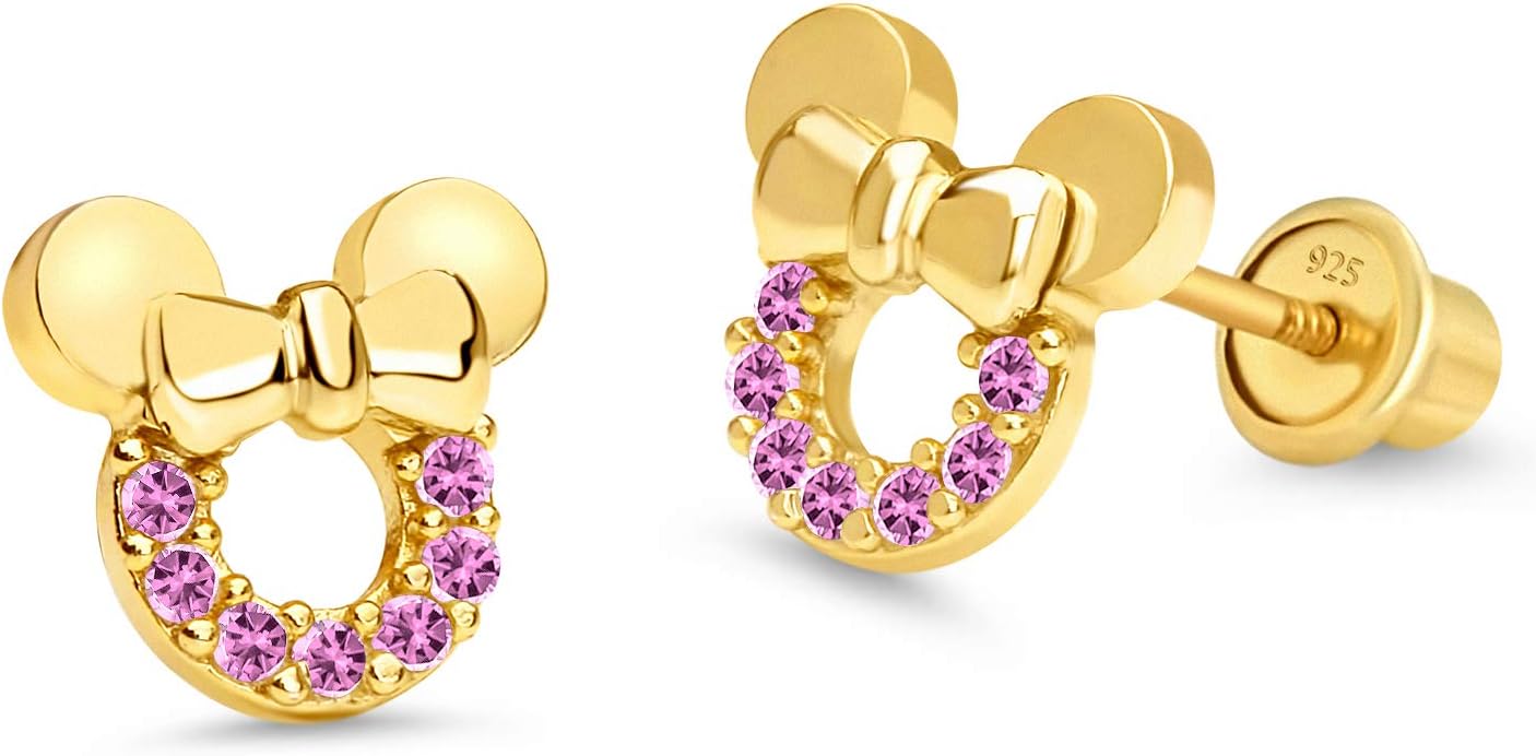 14k Gold Plated Brass Pink Mouse Cubic Zirconia Screwback Earrings with Sterling Silver Post