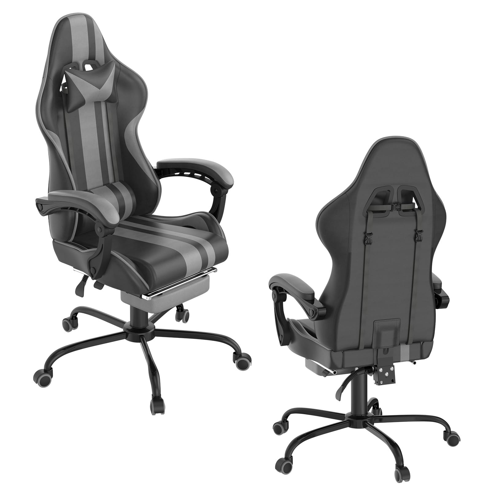 UISEBRT Silla ergonómica para videojuegos con masaje y reposapiés, cómoda silla de gaming, respaldo ajustable, reposacabezas y cojín lumbar de masaje para gamers (gris)
