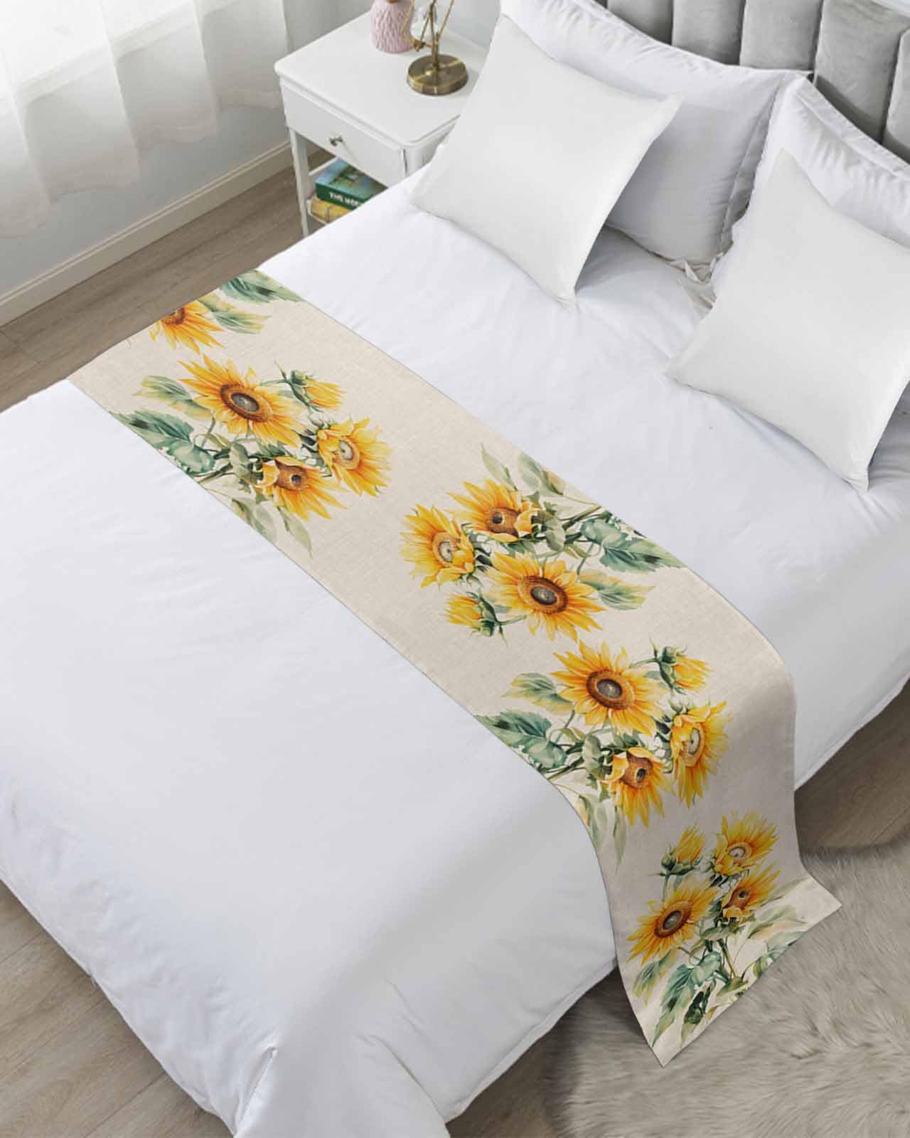DecorLovee Sunflower Bed Runners for Cal King Size Bed, Decorative Bed Throws for Foot of Bed, Rustic Garden Blooms Floral Spring Bed Runner Sofa Throw Bedding Scarf Protector Slipcover for Bedroom