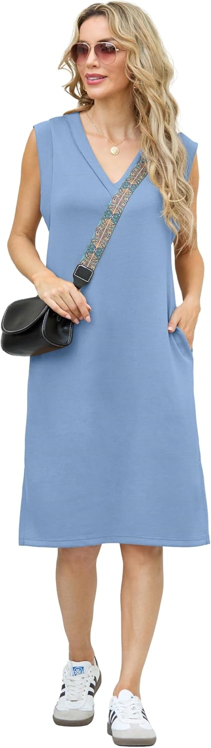 GRECERELLE 2026 Women Summer Inside-Out V-Neck Casual Loose Split Wrinkle-Free Midi Dress with Pockets - Image 2
