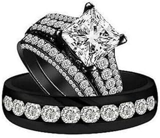 114K Black Gold Over Round & Princess Cut White Diamond 925 Sterling Silver Wedding Bridal Trio Ring Set for His & Her- Christmas Ring For Bride & Groom Bridal Trio Engagement Anniversary Ring 14K Rose Gold FInish For Women's & Men's