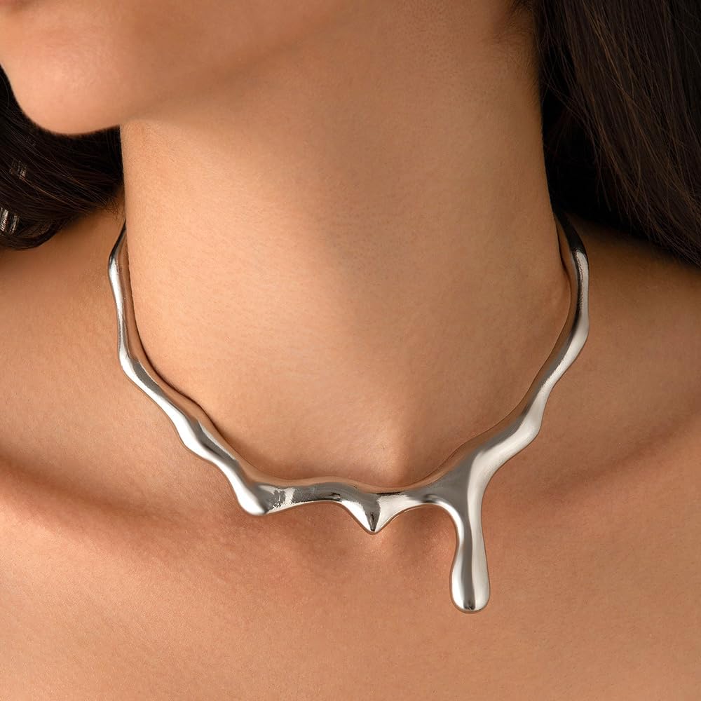 Chunky Gold Teardrop Choker Necklace for Women,Vintage Geometric Line Wave Aesthetic Statement Necklace,Trendy Party Jewelry Accessories Gifts - Image 2