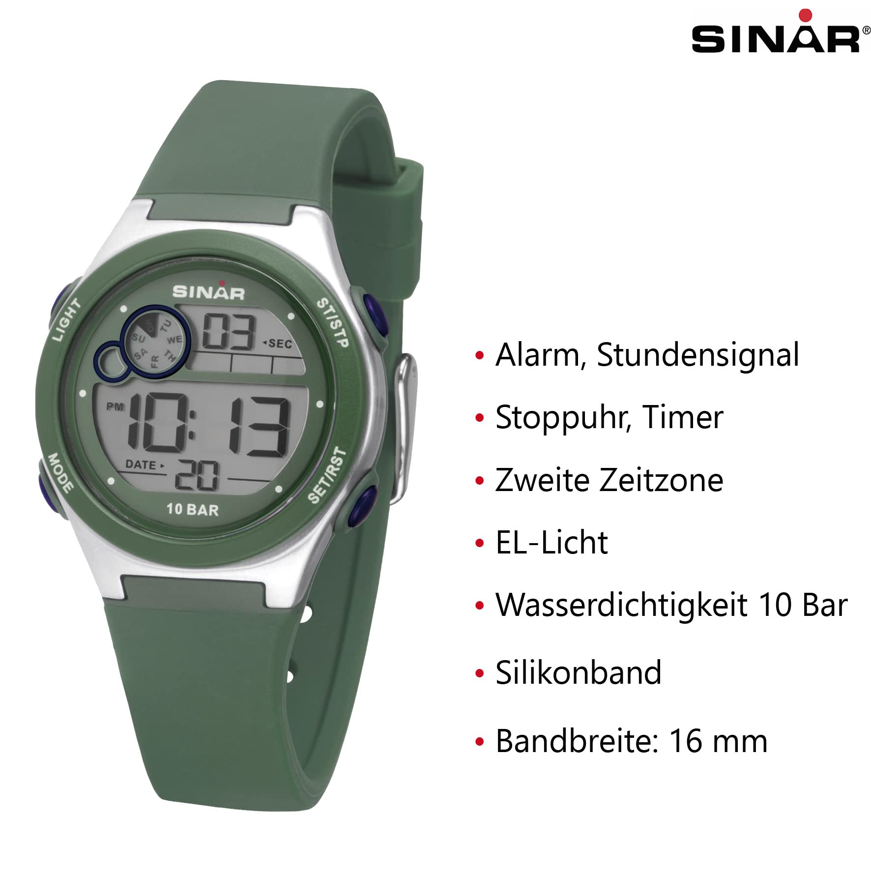 SINAR XF-68-3 - Orologio da polso per ragazzi, digitale, al quarzo, 10 bar, con allarme, luce EL e cinturino in silicone, verde oliva, blu, verde, Sportivo