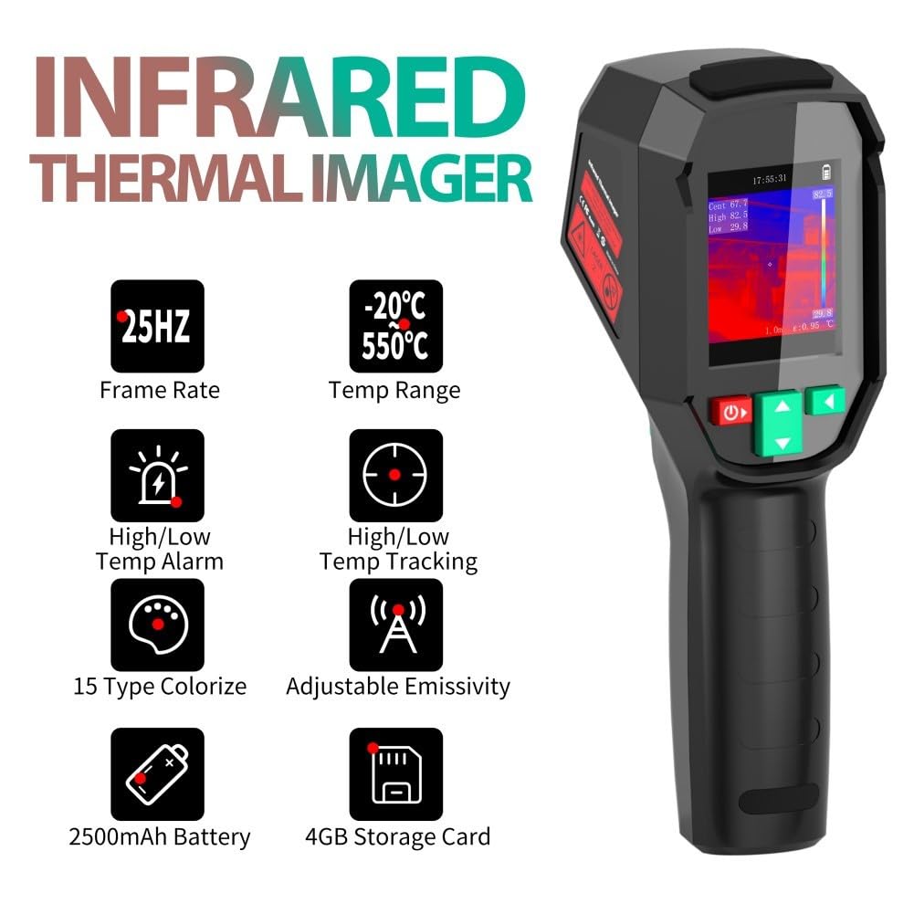 Termómetro infrarrojo de imagen térmica con resolución de 240 x 240, -20° a 550°, clasificación IP54, inspección del hogar, mantenimiento eléctrico y HVAC