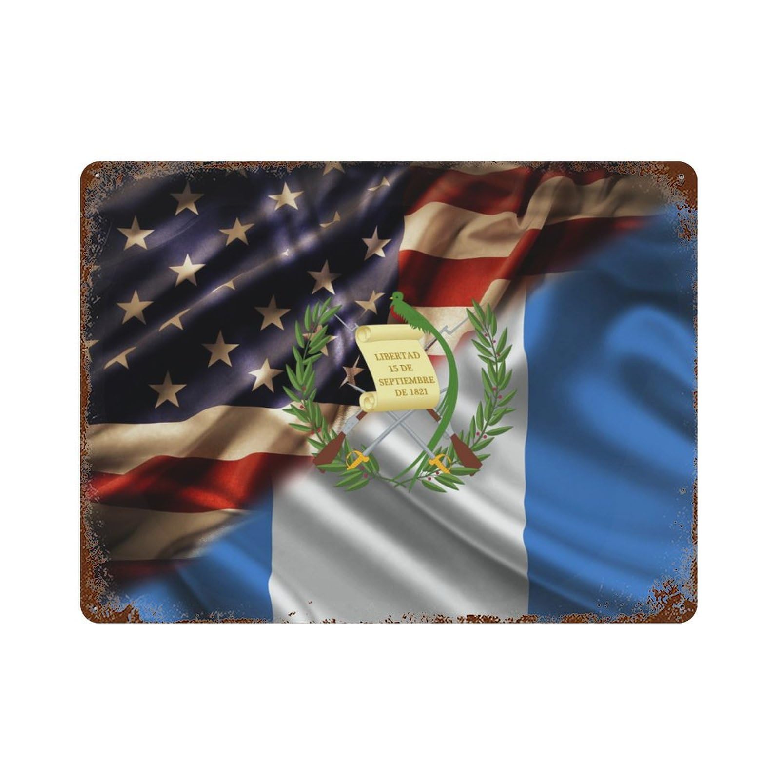 KWQDOZF Combined Guatemala And USA Flag Theme Metal Tin Sign,Vintage Iron Hanging Plate Horizontal with Rust Poster Wall Decor 12x16inch