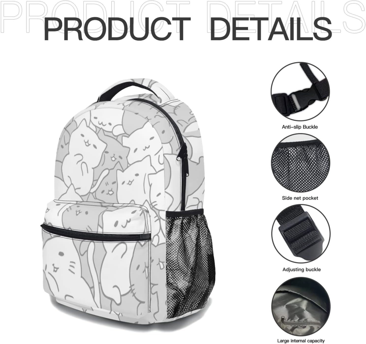 aportt Cute Cat Backpack for Boys Girls Kawaii Kitties Durable Casual Basic Kids Bookbag White Grey Lightweight School Bag for Teens Students Travel Daypack