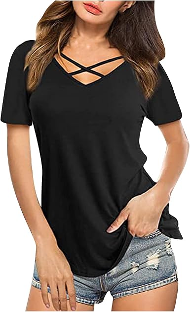Blusa de verano para mujer, camiseta de manga con cuello cruzado y cuello  en V sexy at Amazon Women's Clothing store