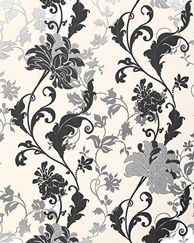 Papel pintado floral EDEM 833-20 diseño precioso flores y hojas negro blanco plata crema 70 cm