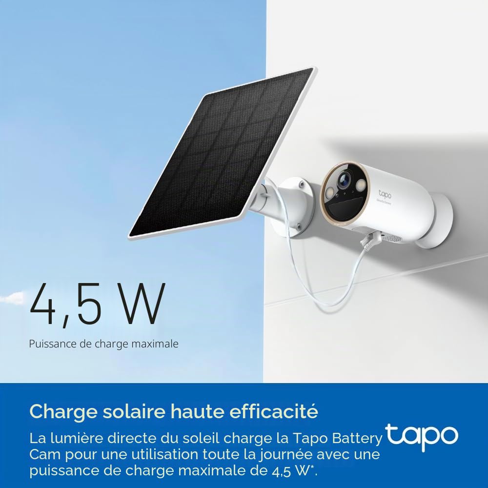 Tapo A202 Panneau Solaire 4,5 W, 5,2 V, adapté à la caméra à Pile, Installation Flexible, Charge à Haute efficacité, IP65, réglable à 360 °, câble de Charge de 4 m