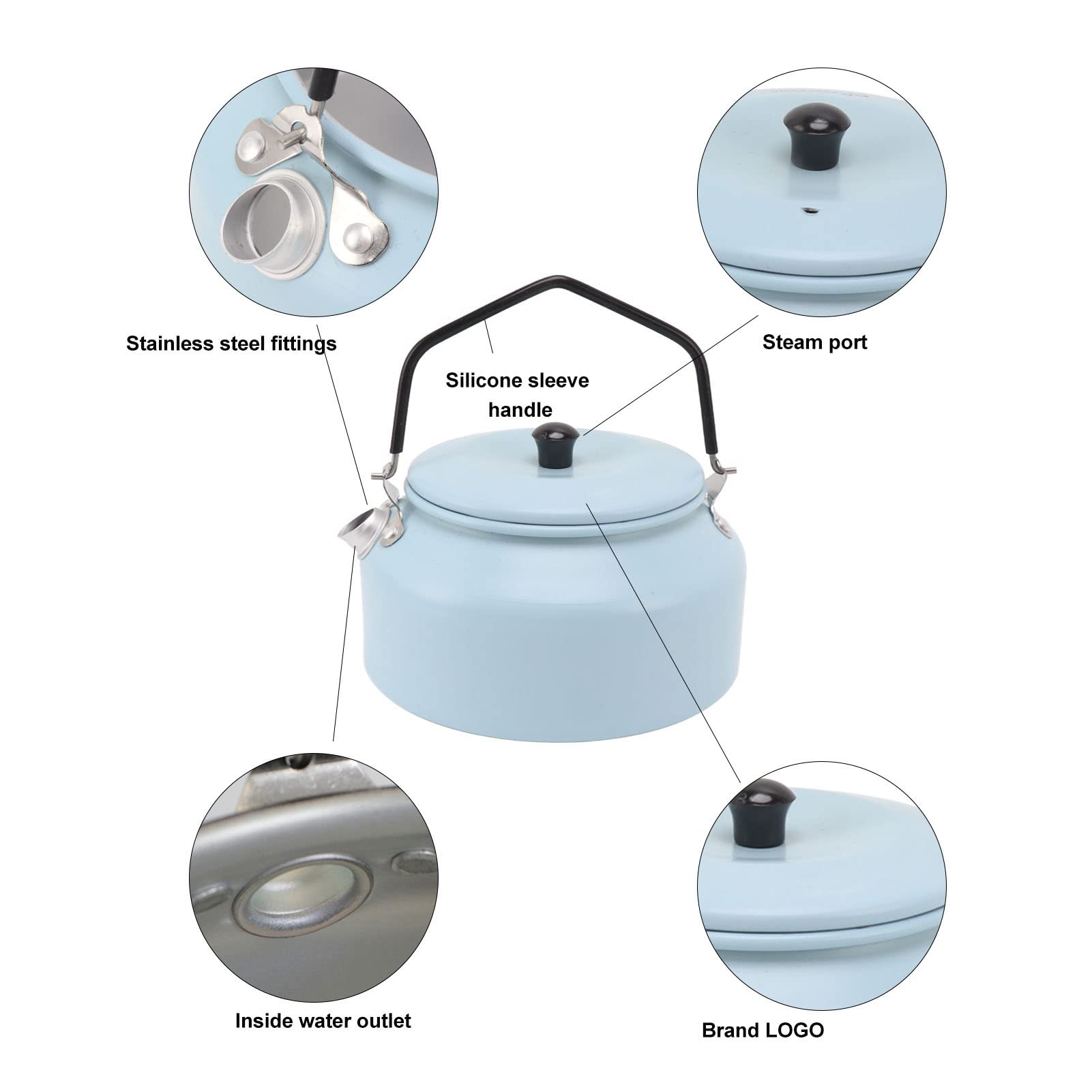 GLOGLOW 0.9L Camping Kettle, Portable Outdoor Tea Coffee Pot Hiking Cooking Gear Hot Water Kettle with Carrying Bag for Camping Picnic Stove Top 5.9x5.9x6.3in (Sky Blue)