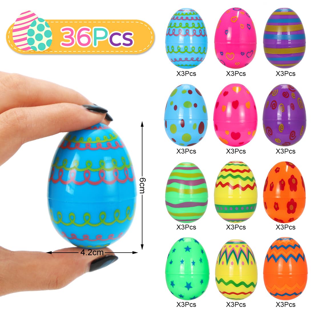 Bluelves 36 Oeuf de Paques en Plastique, œufs de Pâques Brillants en Plastique Irisé Imprimés de 6 cm de Haut, Oeuf Surprise pour la Chasse de Pâques, Remplisseurs de Paniers, Les Prix pour Les fêtes