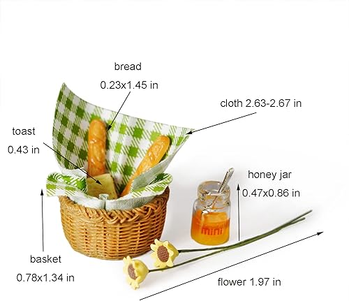 Miniatura 7 de Accesorios para casa de muñecas en miniatura, decoración de jardín, escala 112, pan, miel, canasta de pícnic, flores, 9 piezas, decoración de