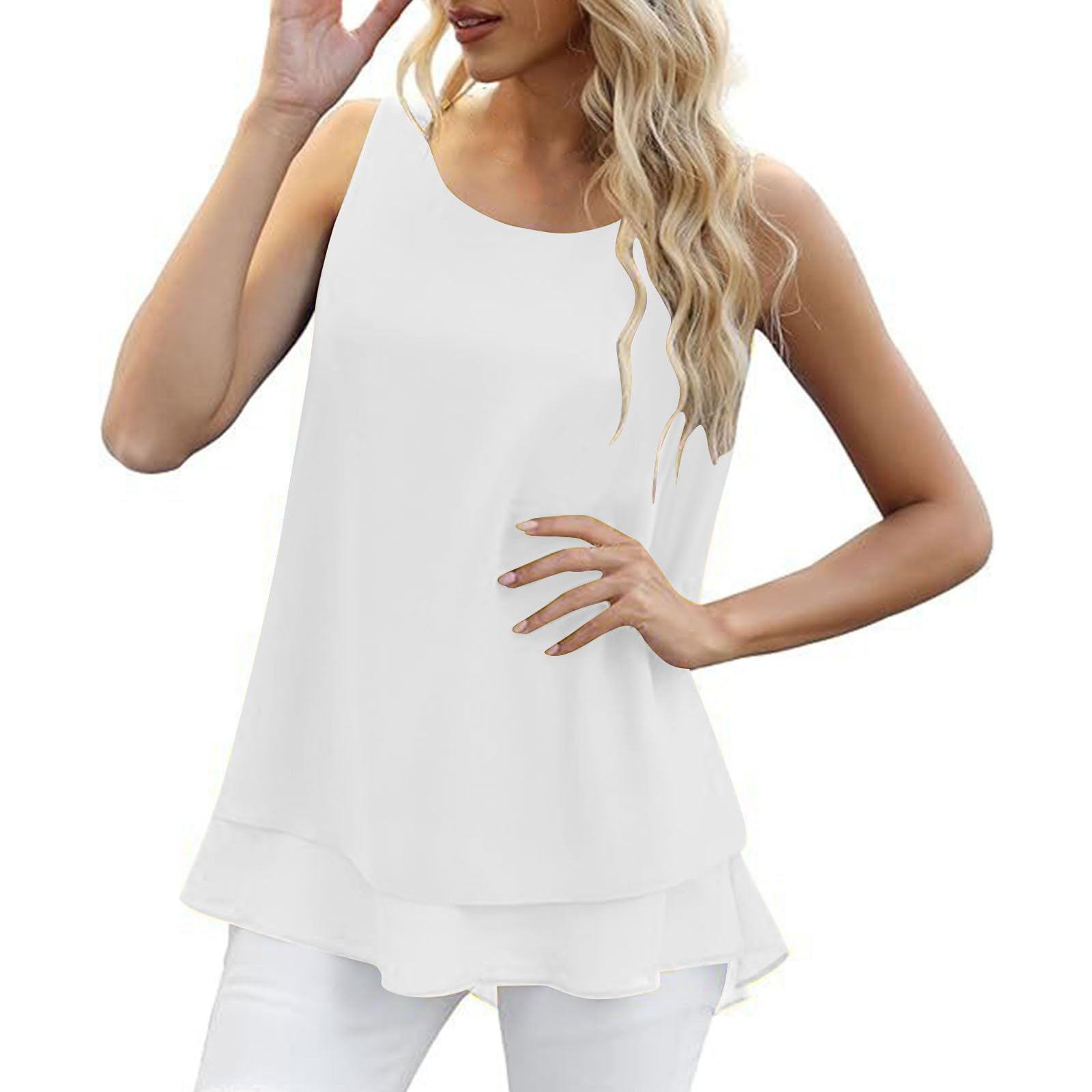 JOAU Womens Sleeveless Chiffon Tank Top Double Layer Flowy Ruffle Casual Dressy Blouse Summer Crewneck Elegant Tunic Shirts
