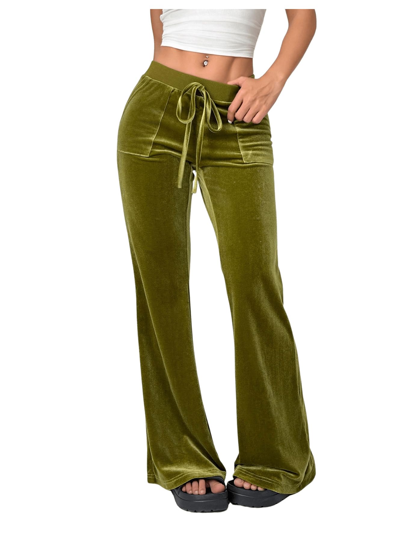 SOLY HUX Womens Drawstring Waist Bell Bottom Velvet Pants Y2k Vintage Flare Leg Trousers