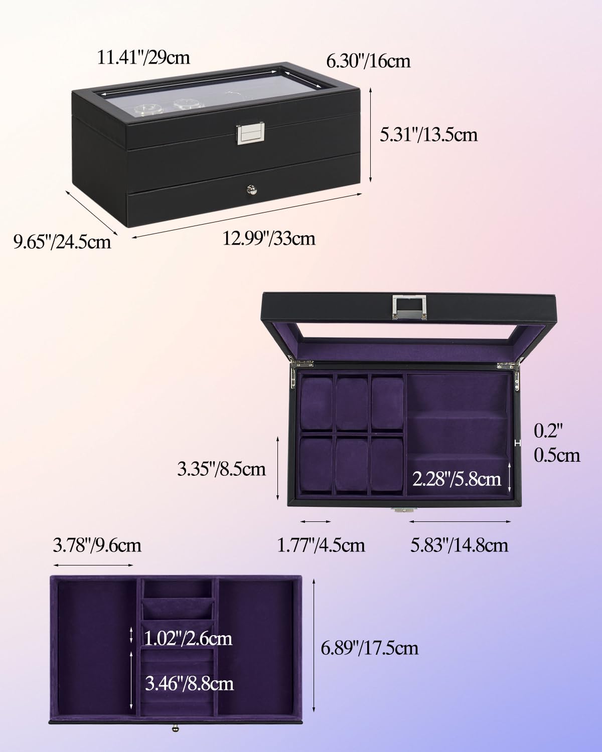 Caja para relojes, estuche para relojes de 6 ranuras, organizador de gafas de 3 compartimentos, joyero para hombre con tapa de cristal transparente, doble capa con cerradura de llave, regalo, negro-