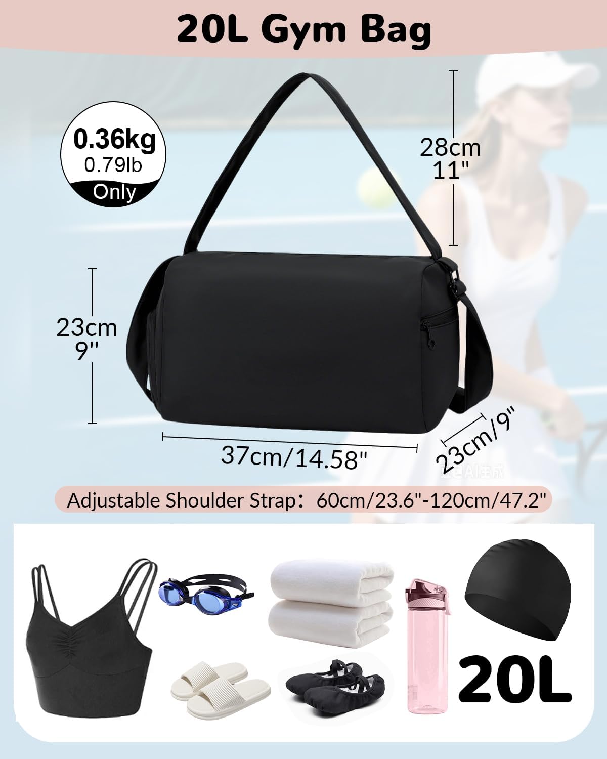 Small Sports Duffle Bag for Women, Cute Lightweight Gym Bag with Wet Pocket & Shoe Compartment, 20L Travel Duffle Bags with Trolley Sleeve for Overnight Weekender Workout, Black