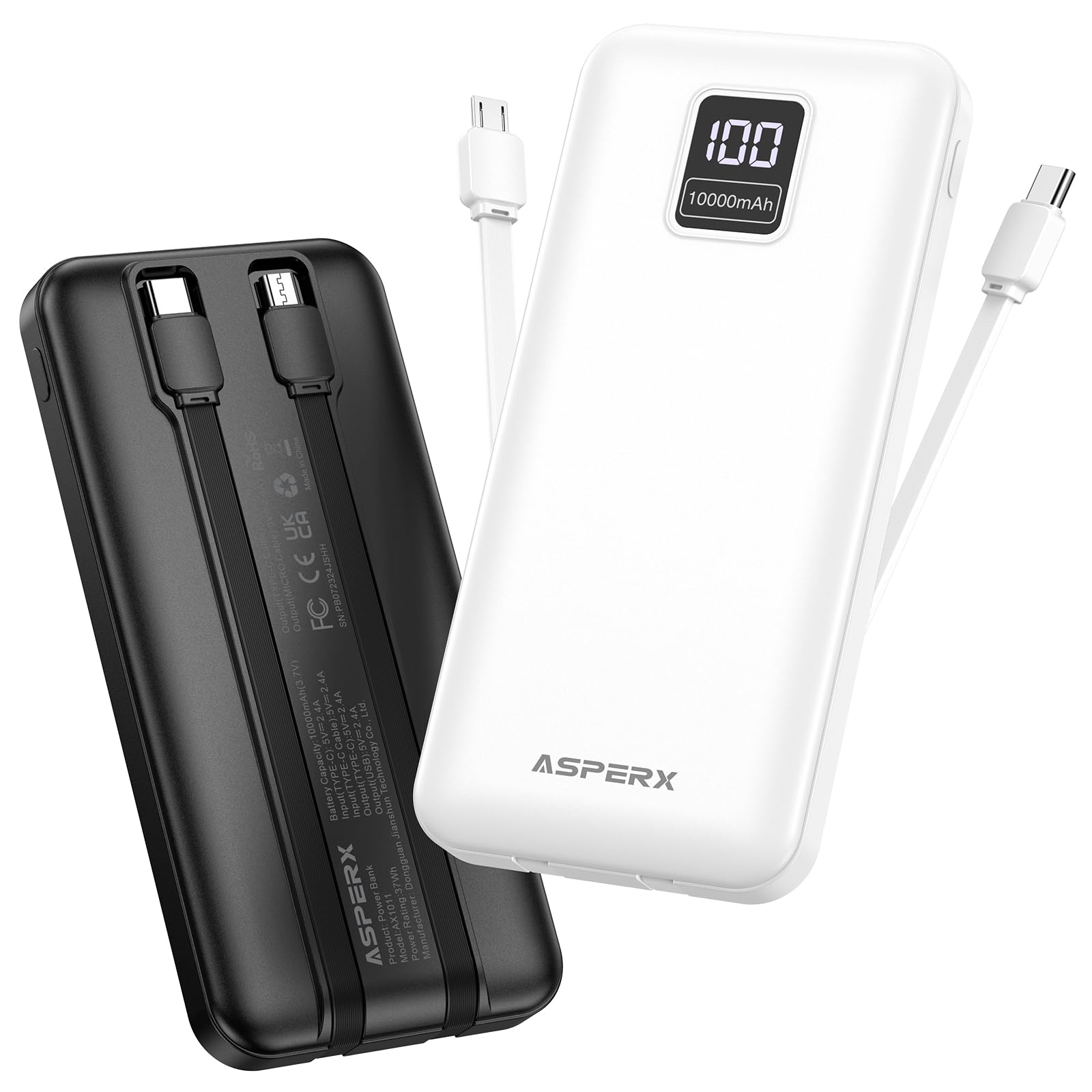 AsperX 2 baterías externas USB C de entrada y salida, con cables integrados