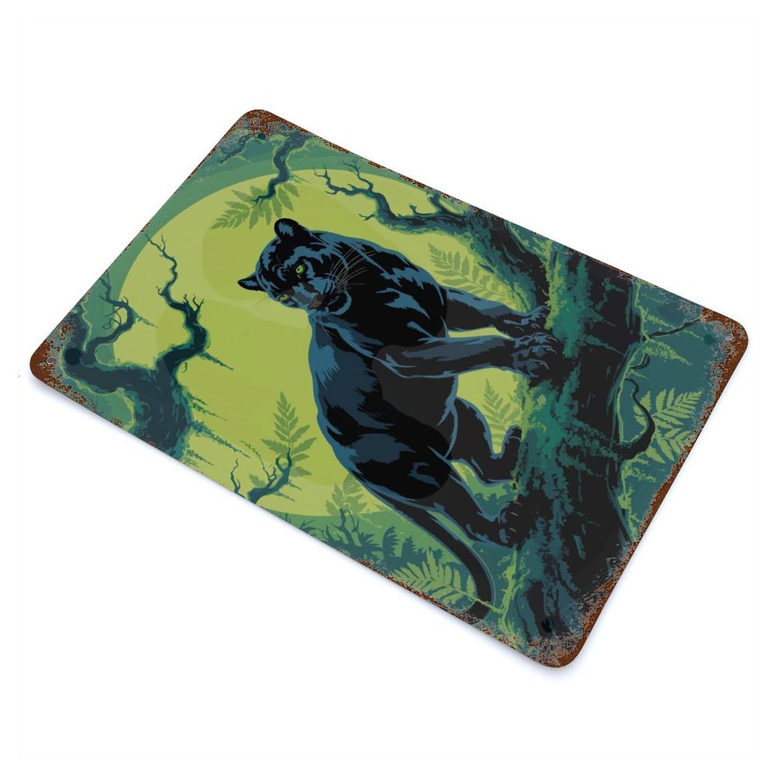 Vintage Metal Tin Sign with Black Panther in Jungle Illustration Design 11.8"x7.9", for Living Room, Hallway And Home Decor, Retro Wall Decor