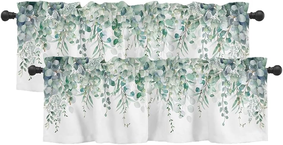 2 Pack Green Eucalyptus Window Valance Curtains Watercolor Leaves Window Treatment for Kitchen Windows Bathroom Bedroom Living Room Farm 1 Panel Rod Pocket Short Curtain, 54x18 in, Green White