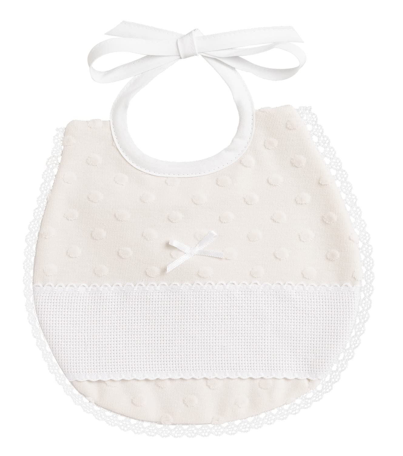 Bavoir ovale en tissu doux avec pois 3D et dentelle - Beige