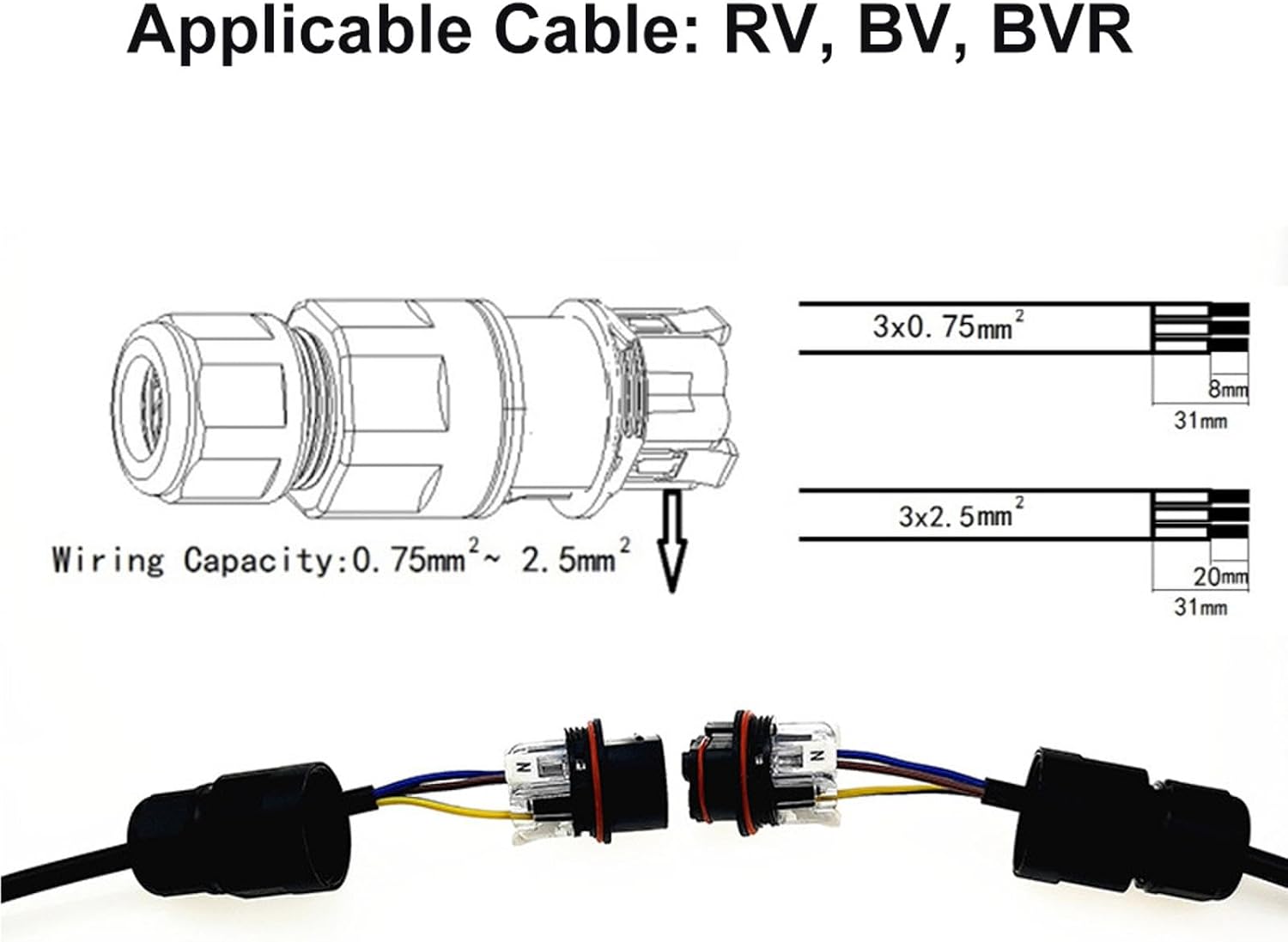 ​​​​​​​SagaSave IP68 Waterproof Coupler, Electrical Cable Connector Fit for RV, BV, BVR Cable, Outdoor Cable Connector for Street Lights, Buried Lights, Garden Lights,Fountains, Tunnel Lights-XY22-3P