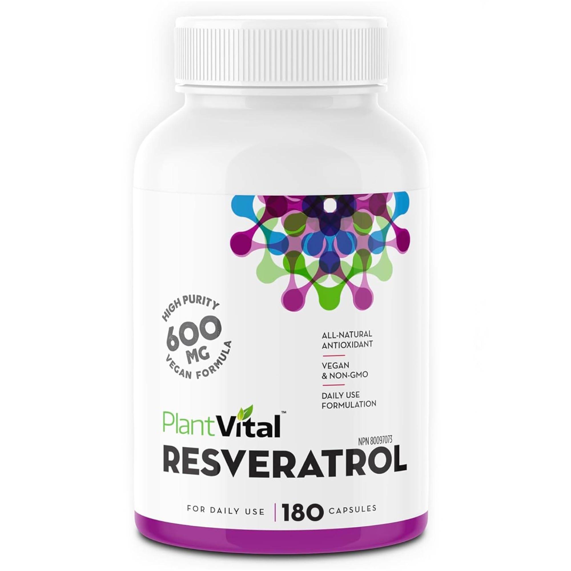 PlantVital Resveratrol 600mg - Made in Canada - High Potency - Provides Antioxidants - Trans Resveratrol Supplements -Antioxidant Supplement - 6 Months Supply - 180 Vegan Capsules
