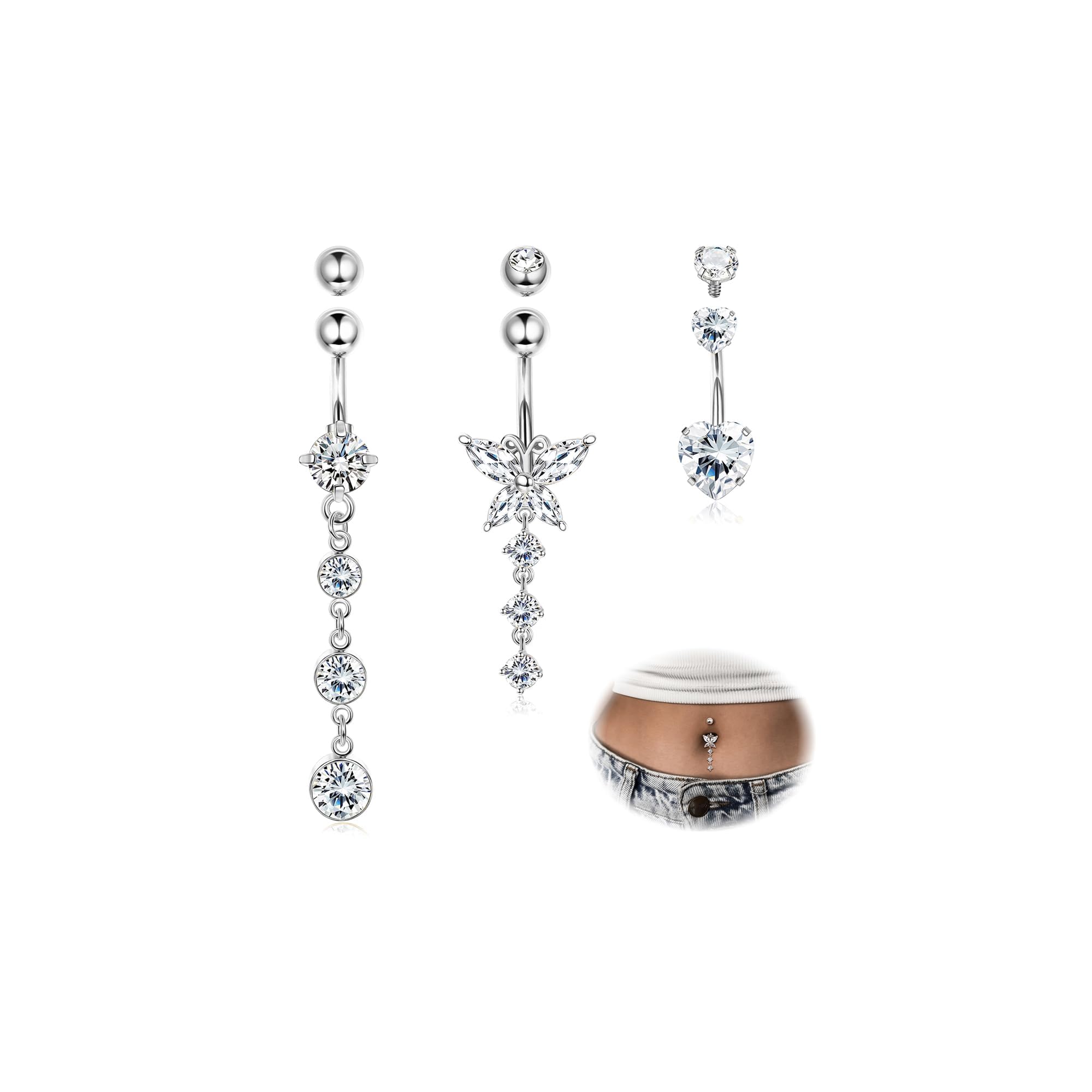 YADOCA 14G Bauchnabelpiercing Chirurgenstahl Silber/Gold Piercing Bauchnabel Herz CZ Lang Bauchnabelpiercing Ring (mit 3 Ersatzbällen)