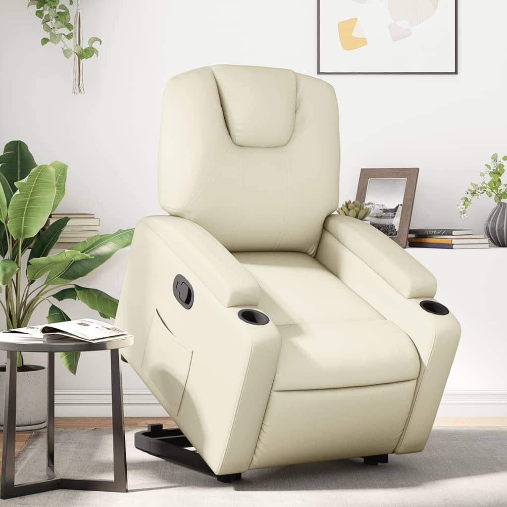 Fotel relaksacyjny z funkcją wspomagania wstawania, kremowy, ze sztucznej skóry, regulowany, z funkcją leżenia, ergonomiczny, wygodny do czytania, biura, z podłokietnikami i stabilną