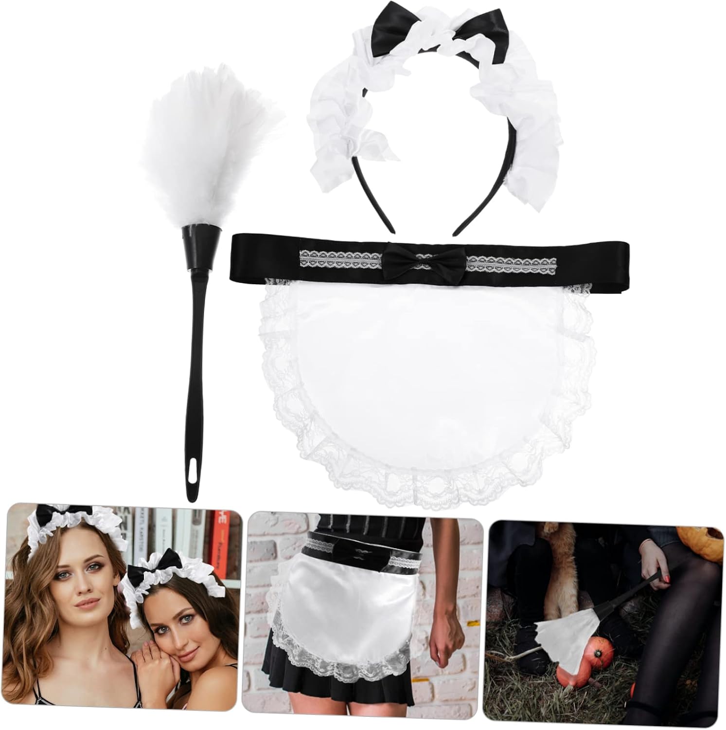 PRETYZOOM Maid Costume Accessories Set Lace Maid Apron Headband and Duster French Apron for Cosplay Halloween Birthday Parties Fancy Dress Women