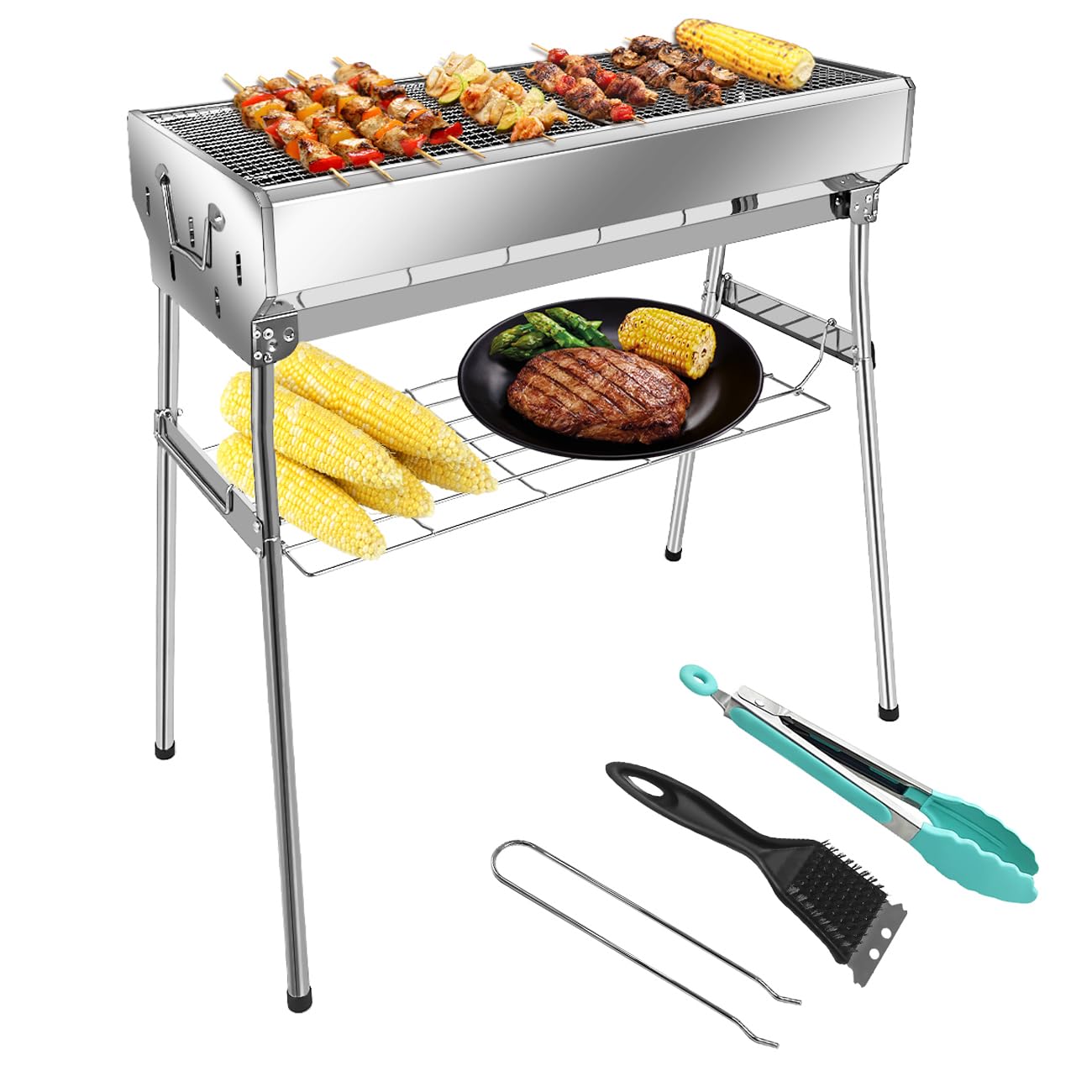 Paxlwaaoon Parrilla de carbón con estante de almacenamiento plegable, parrilla grande de acero inoxidable para cocinar al aire libre, picnic, camping, uso comercial, 27.55 x 28.34 x 12.5 pulgadas
