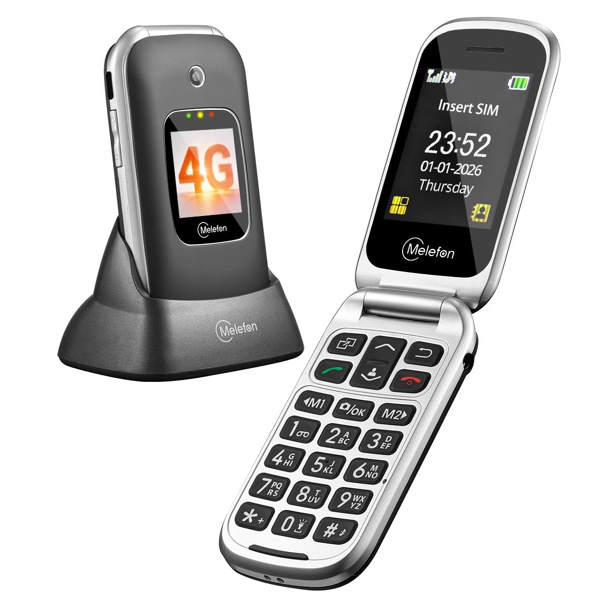 4G Seniorenhandy Klapphandy ohne Vertrag, Großtasten Handy für Senioren mit SOS Notruffunktion, Einfach zu bedienen, 2,4+1,44 Zoll Dual Display, Ladestation, FM Radio