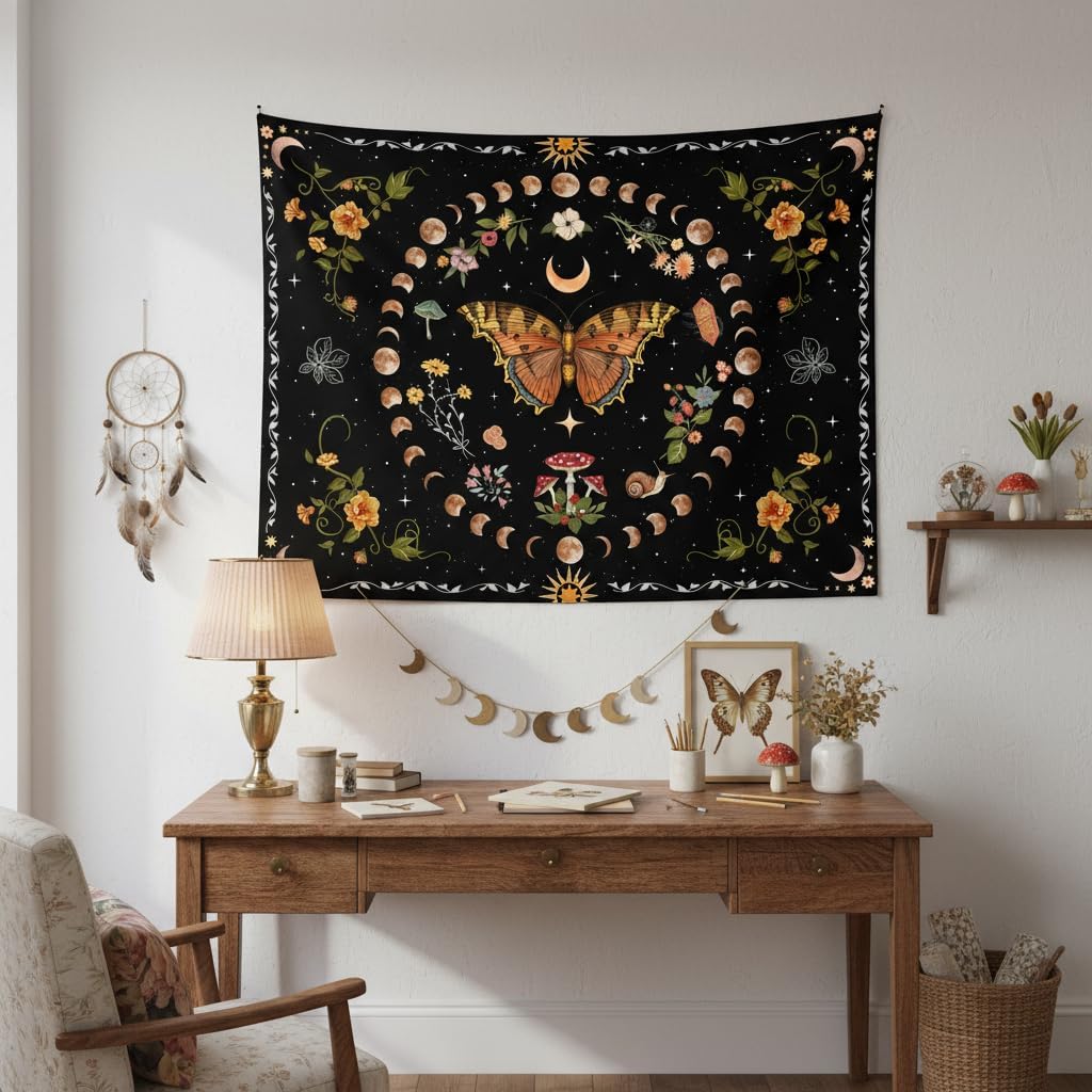 Aipon Orange Butterfly Moon Flower Tapestry Botanical Floral Plant Boho Tapestry for Bedroom Aesthetic Vintage Tapestries Wall Hanging for Living Room Dorm (36.00" x 48.00", Orange)