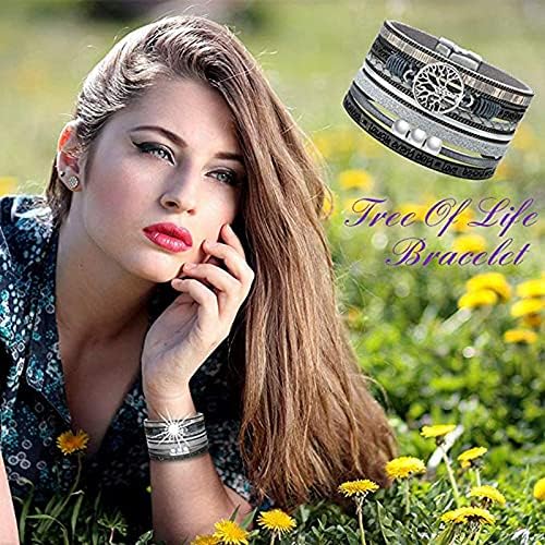 Thajaling Women Bracelet Boho Tree of Life Multilayer Leather Wrap Bracelet,Handmade Braided Magnetic Buckle Gorgeous Cuff Casual Bangle