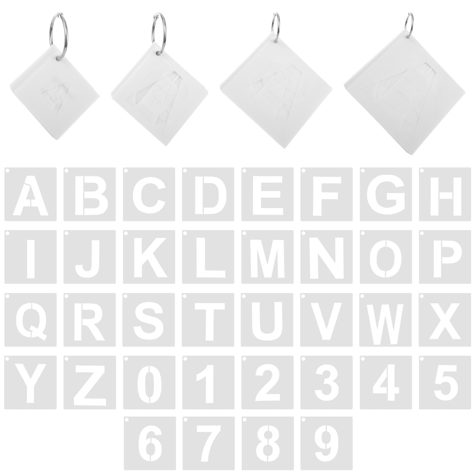 Photo 1 of 144 Pcs Letter and Number Stencils 4 Sizes Alphabet Number Templates and 4 Binder Ring Reusable Plastic Stencils for Painting on Wood, Walls, Fabric, Signs, Doors, DIY Art and Craft Projects