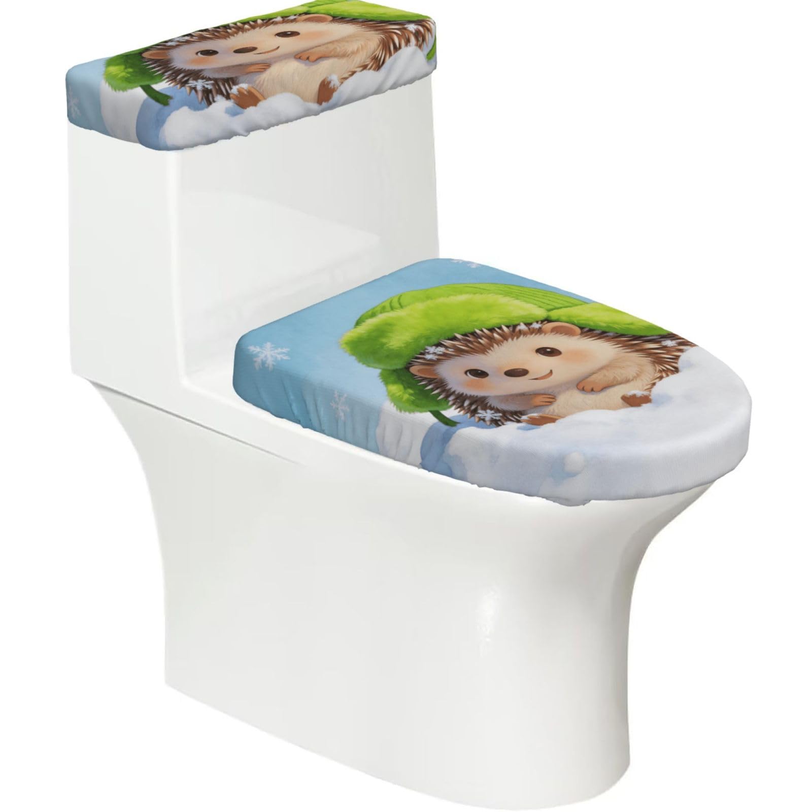 Cntdbu Black Hedgehog And Snow Elastic Toilet Cover Set Of 2-Stretchy Lid And Tank Covers For Bathroom, Soft Washable U Shape Toilet Decor